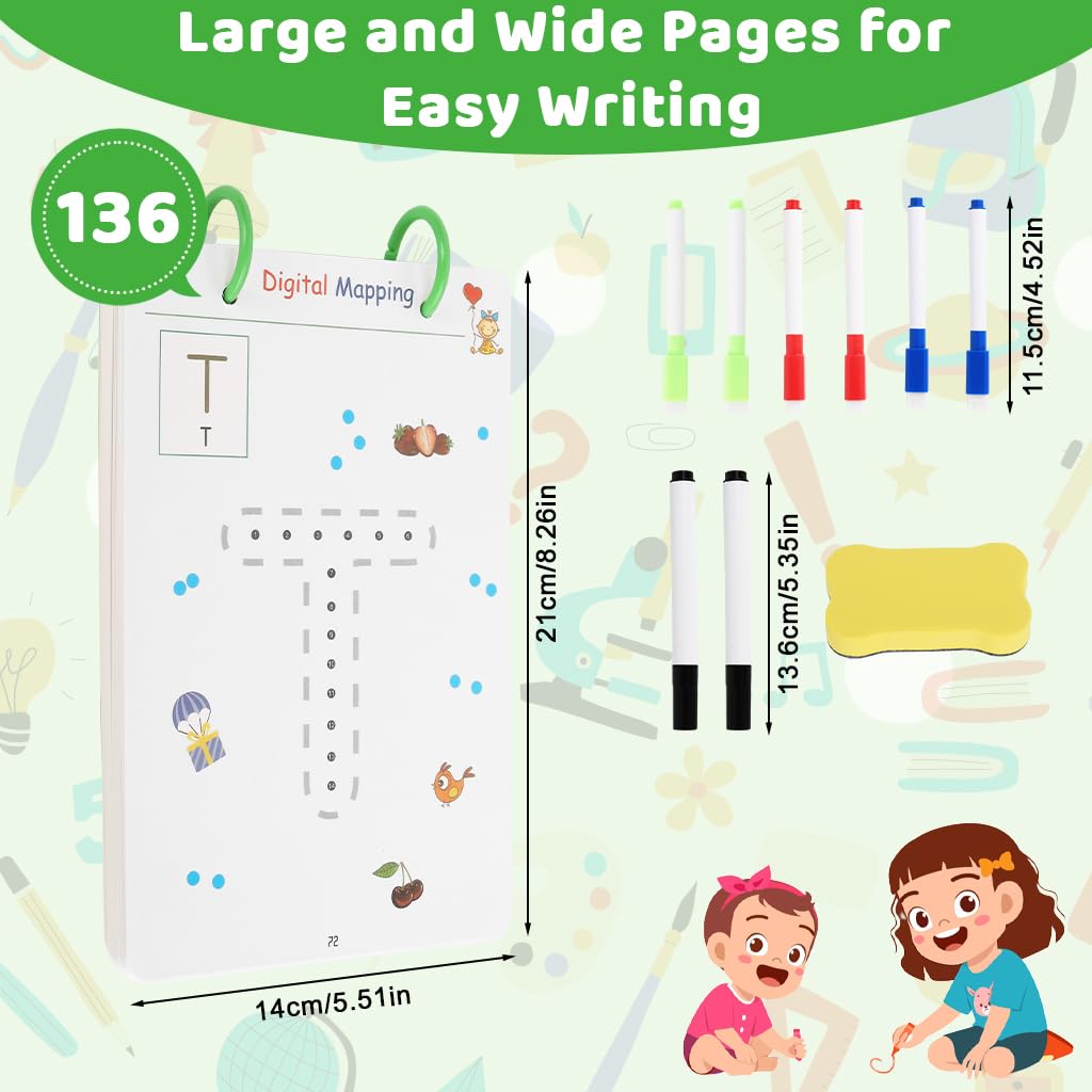 SNOWIE SOFT Kids Dot to Dot Training Book with 136 Flash Cards and Dry Erase Surface | Reusable Drawing Practice Set with Markers for Early Learning
