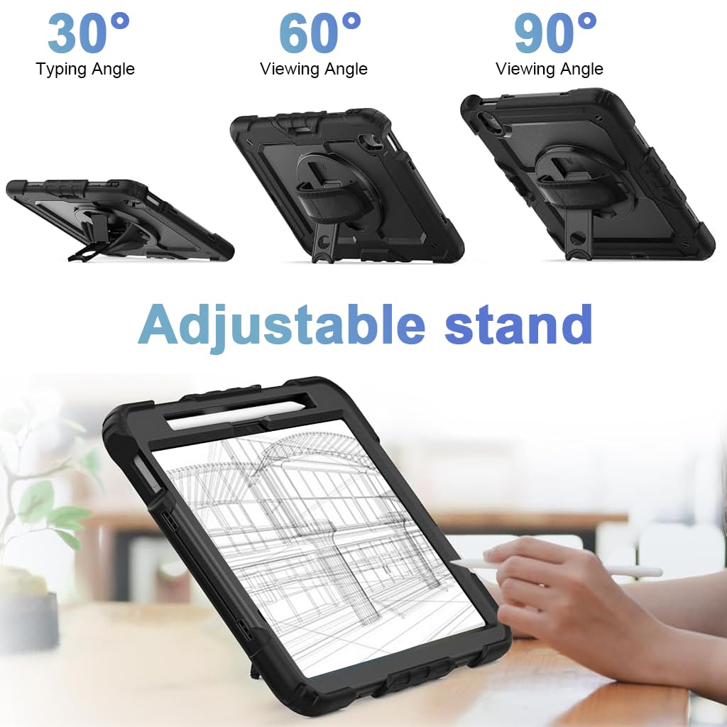ZORBES Case for iPad Air 11 M3 2025 and M2 2024 with 360 Rotating Kickstand and Hand Strap | Heavy Duty Silicone Protection