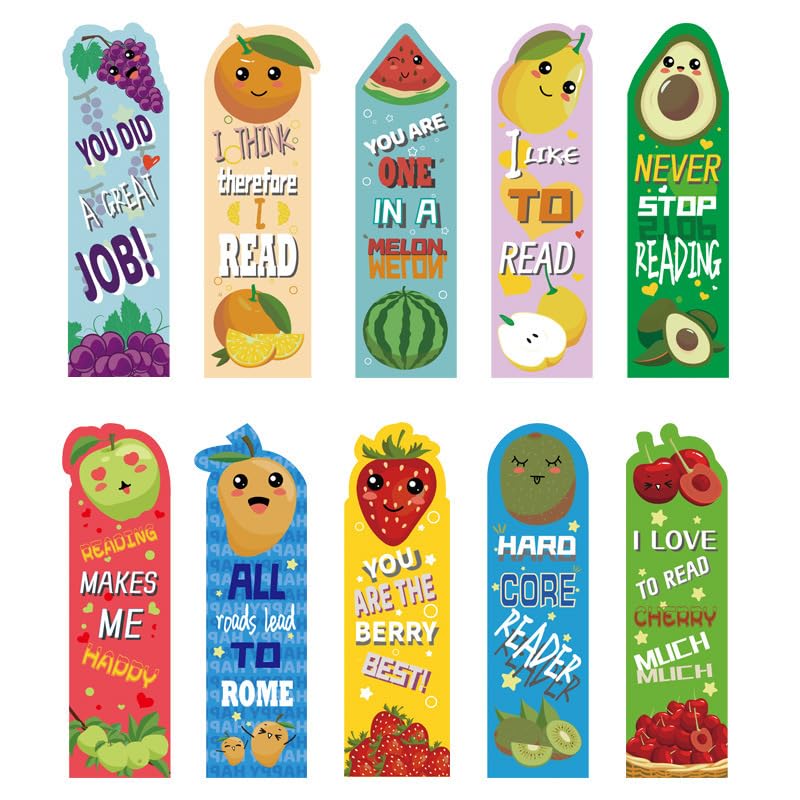 OFIFO® 10 Pieces Scratch and Sniff Scented Bookmarks Kids Fruit Food Theme Sayings Bookmarks Sayings Assorted Cute Scented Gifts for Students Teens Food Lovers,-Multicolor