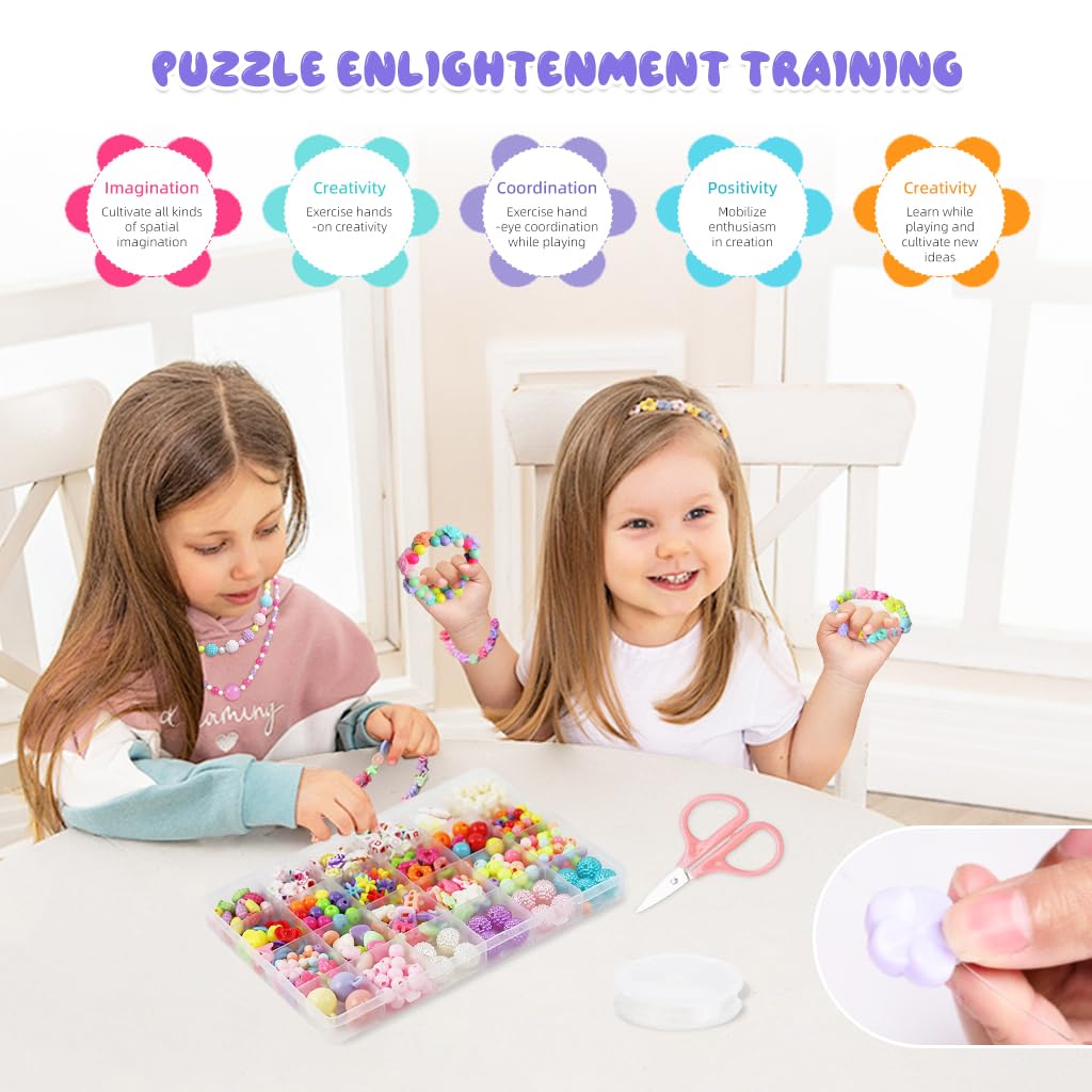SANNIDHI 520Pcs Color Beads Kit DIY Bracelet Making Kit Jewelry Making Kit with Strings and Tools 24 Types Handcraft Beads Kit DIY Crafting Acrylic Color Beads Spacer Beads Kit Children's Day Gift