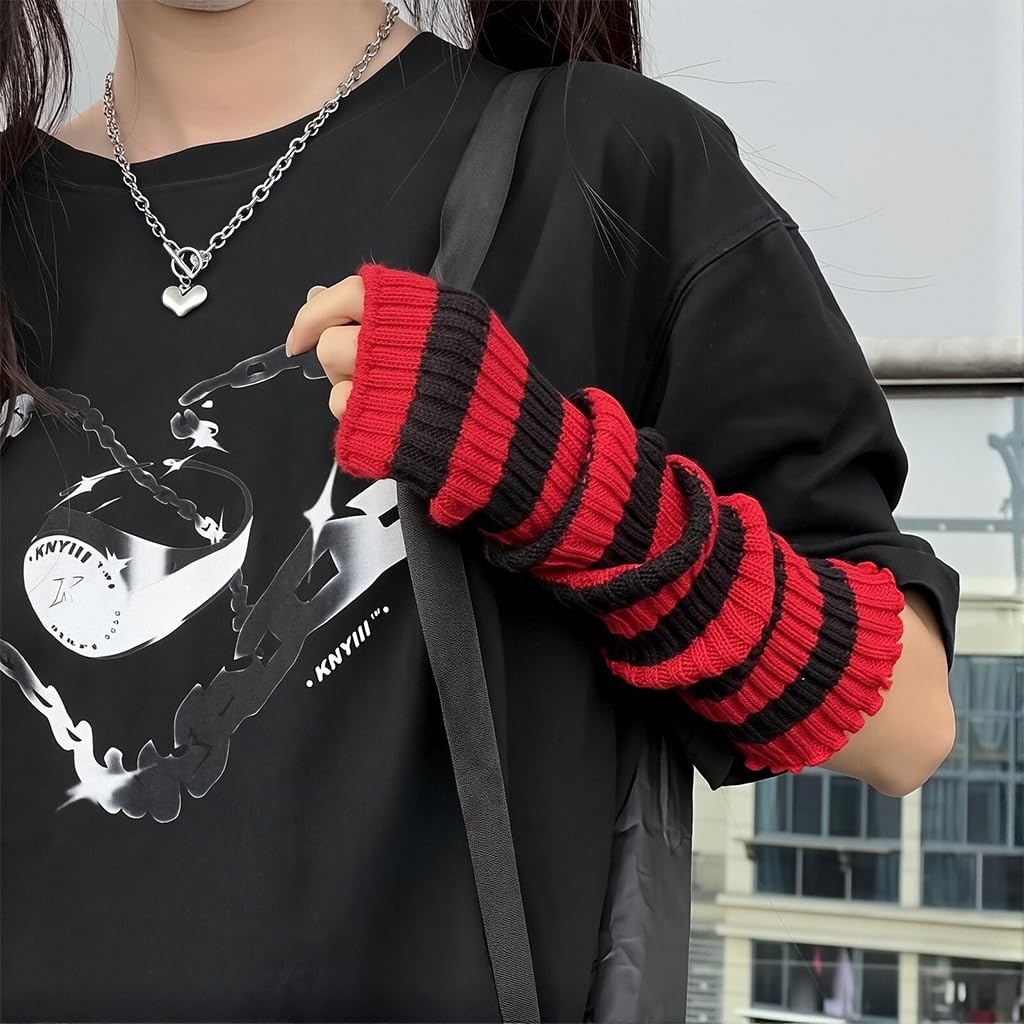 SANNIDHI Arm Warmers for Women with Thumb Hole featuring Red Black Striped Knit | Y2K Style and Warmth