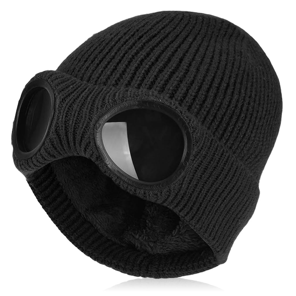 PALAY® Winter Hat Knitted Beanie Warm Hat Fashion Goggles Lens Knitted Cap Creative Couple Winter Hat Winter Stretchy Knitted Beanie Hat for Outdoor, Riding (Black)