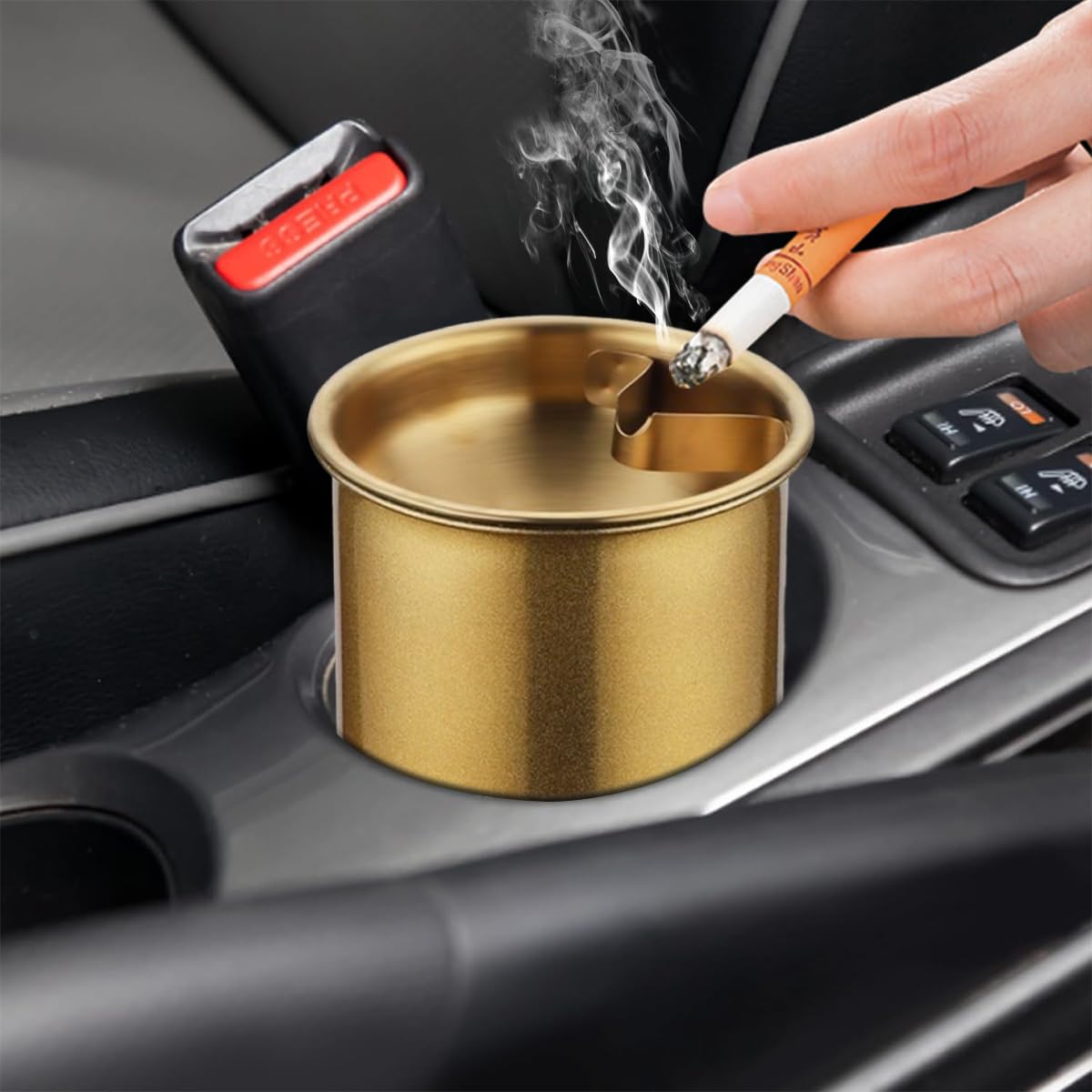HASTHIP Car Ash Tray for Home Office and Car with Funnel Lid & Cigarette Holder | 3.9 in Golden Stainless Steel