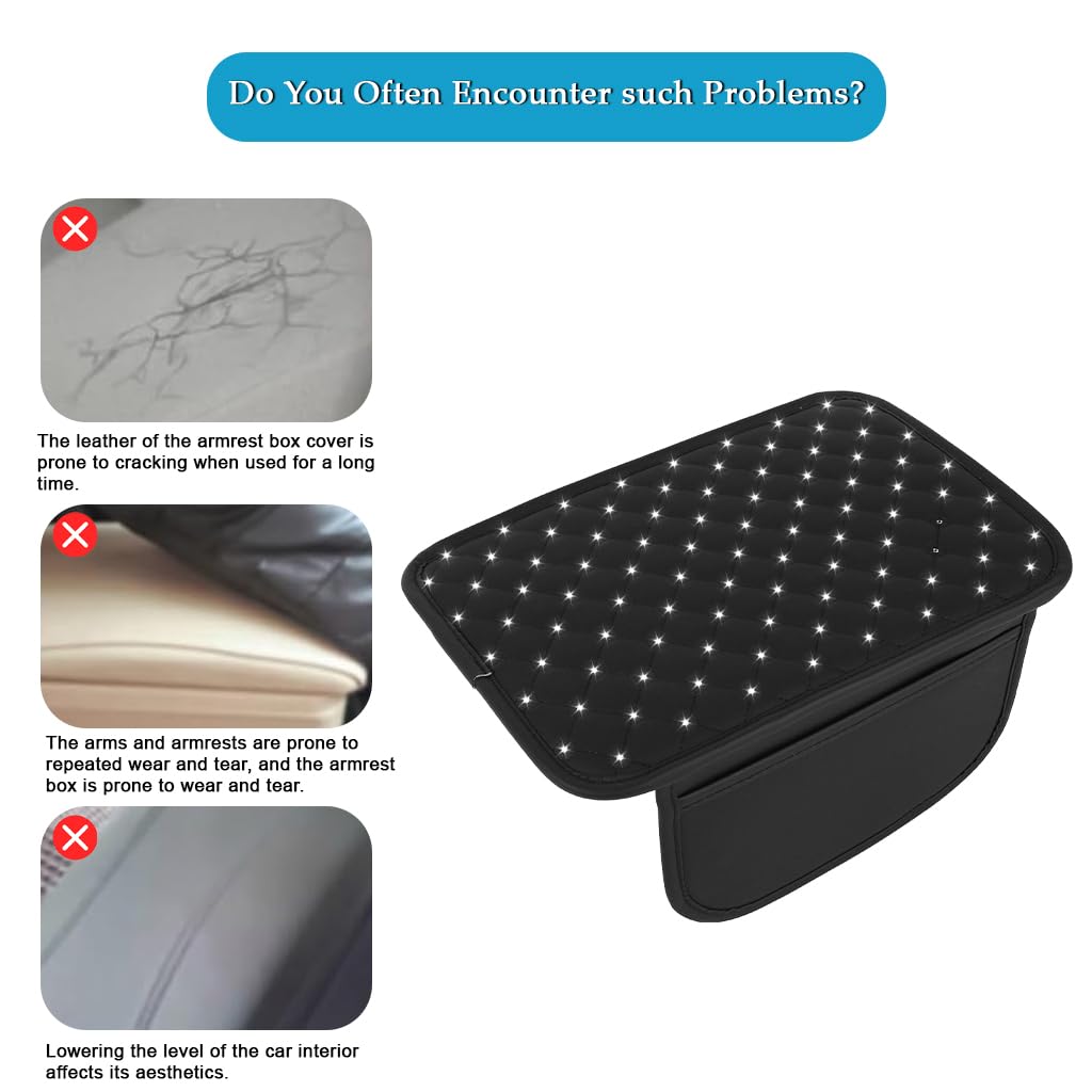 STHIRA Car Arm Rest for Center Console with Storage Pouch and Rhinestone Quilting 30x20cm