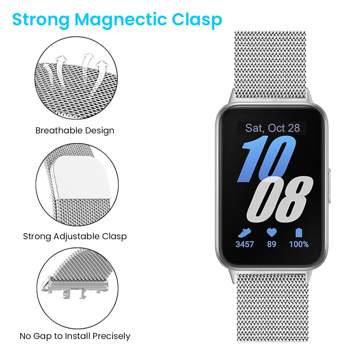 ZORBES Watch Strap for Samsung Galaxy Fit3 featuring Magnetic Closure and 5.5–9 in Fit | Silver Breathable Mesh for Men and Women
