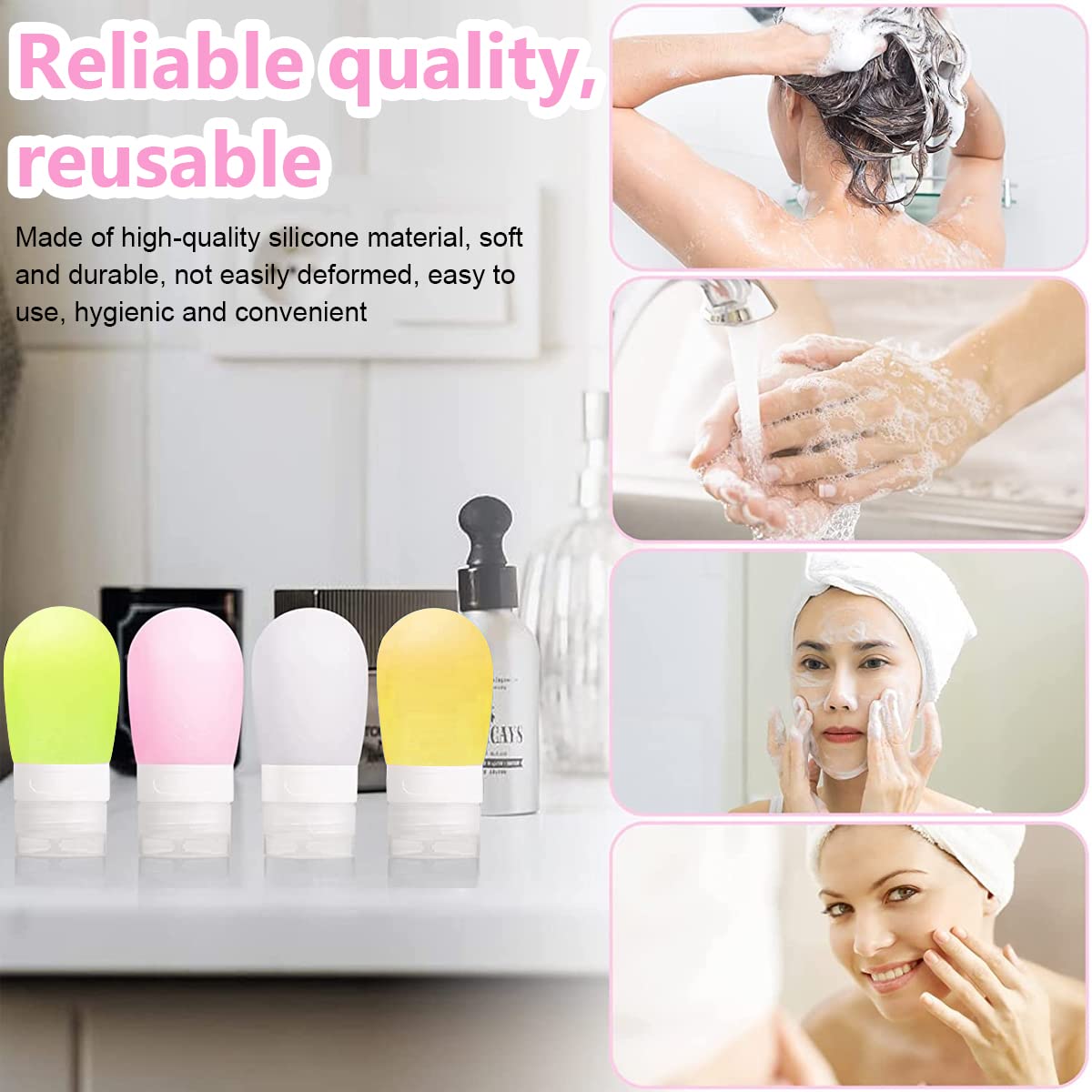 MAYCREATE Travel Bottles for Toiletries 60ml Set with Leakproof Lid and BPA Free Silicone | 4 Refillable Multicolour Containers