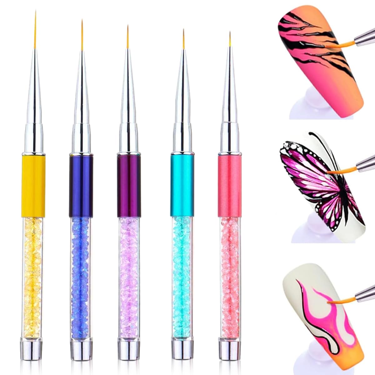 MAYCREATE® 5 Pack Nail Art Brush Set, 3D Nail Liner Painting Brushes Pen DIY Dotting Drawing Manicure Tool with Rhinestone Handles, for Salon or Home Use, 7 9 11 14 19mm