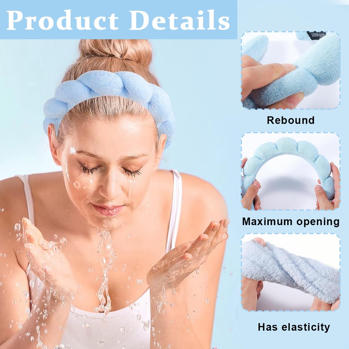 MAYCREATE Spa Headband Wristband Set for Face Washing with Sunflower Edge Design | Soft Blue Coral Fleece for Women and Girls