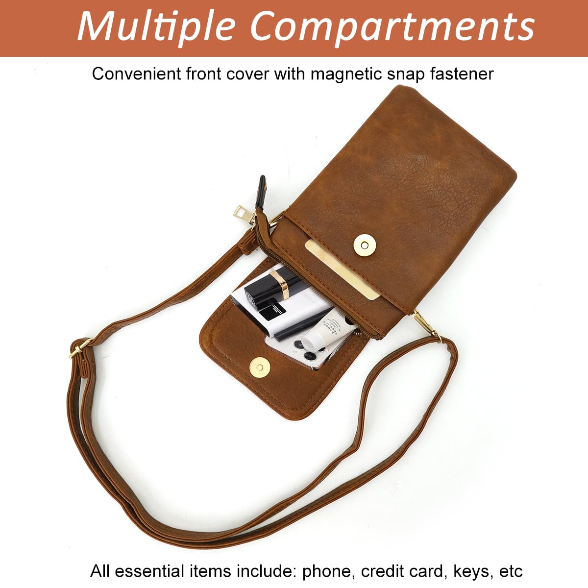 PALAY Crossbody Phone Bag for Daily and Travel Use with Multi Zipper Pockets | Vintage Brown PU Leather Mini Purse for Women