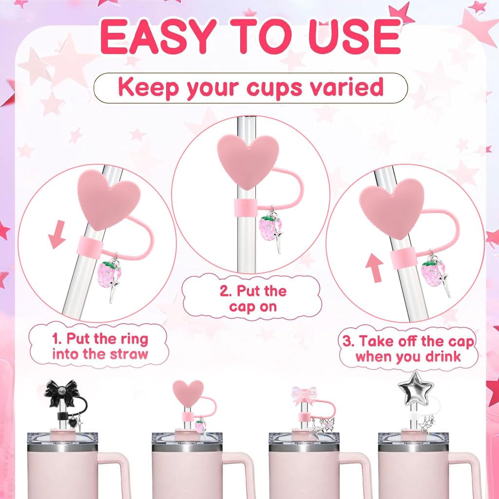 HASTHIP Straw Cover Cap for 10mm Straws with Anti Slip Grip & Cute Charms | 4 Pcs Dustproof Tumbler Lid