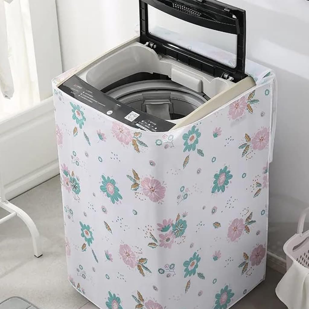 HASTHIP® Dust Cover for Household Washing Machine PEVA Dust Cover with Roll-Up Curtain fpr Front-Loading Washer Fashion Floral Print Household Washing Machine Dust Cover