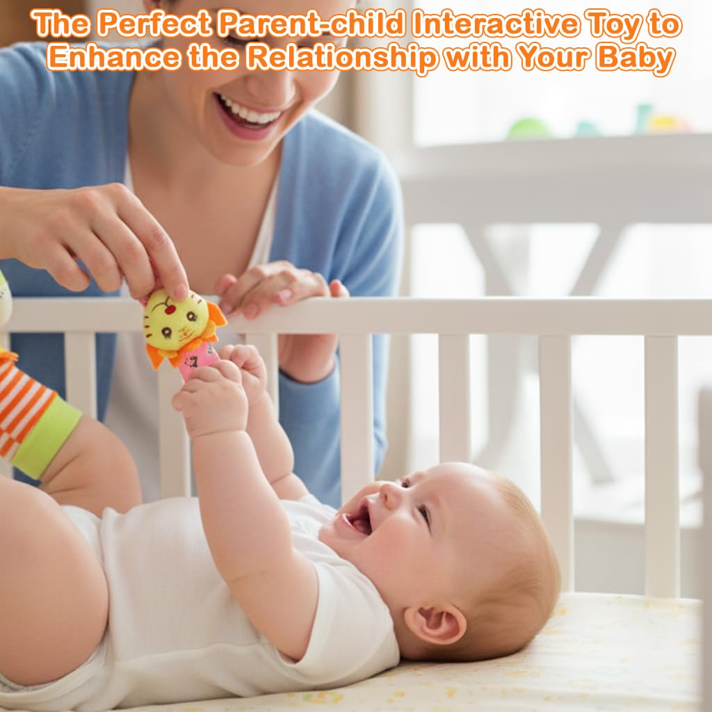 SNOWIE SOFT Baby Rattle Socks and Wristband Set with Plush Cartoon Toys for Sensory Play