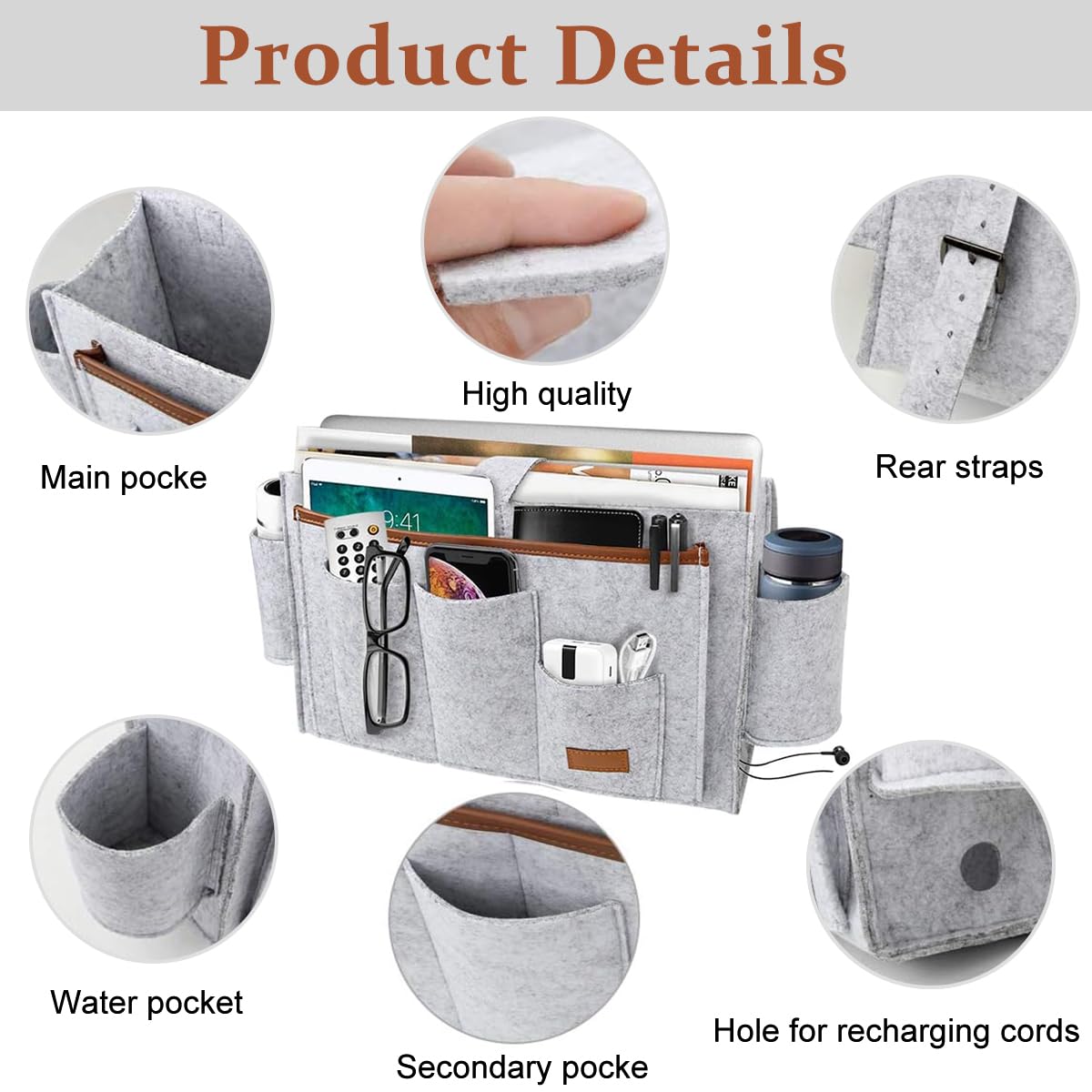 HASTHIP Bedside Caddy Bag for Bed Sofa and Desk featuring Flip Board and Felt Pockets Organizer