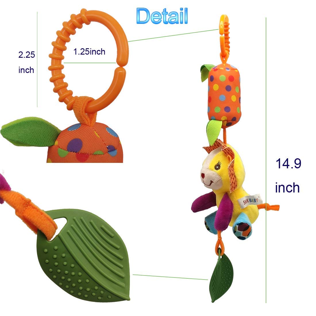 SNOWIE SOFT Baby Soft Hanging Rattle Crinkle Squeaky Toy Car Seat Stroller Toys with Teethers Plush Animal C-Clip Ring for Infant Babies Boys and Girls 3 6 9 to 12 Months (Multi-Colour-Elephant)