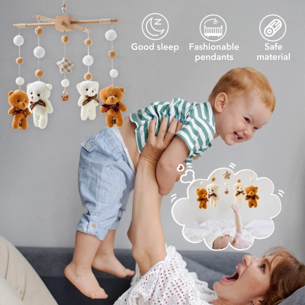 PATPAT Hanging Toys for Babies with Rotatable Bear Mobile and Wooden Frame | Soft Crib Toy