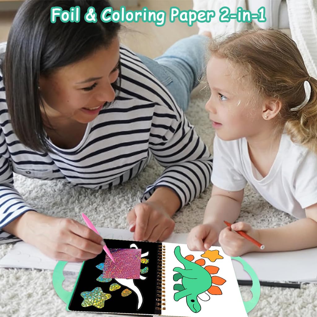 PATPAT Dinosaur Foil Art Kit for Kids with 16 Patterns and 80 Glitter Sheets | DIY Gift