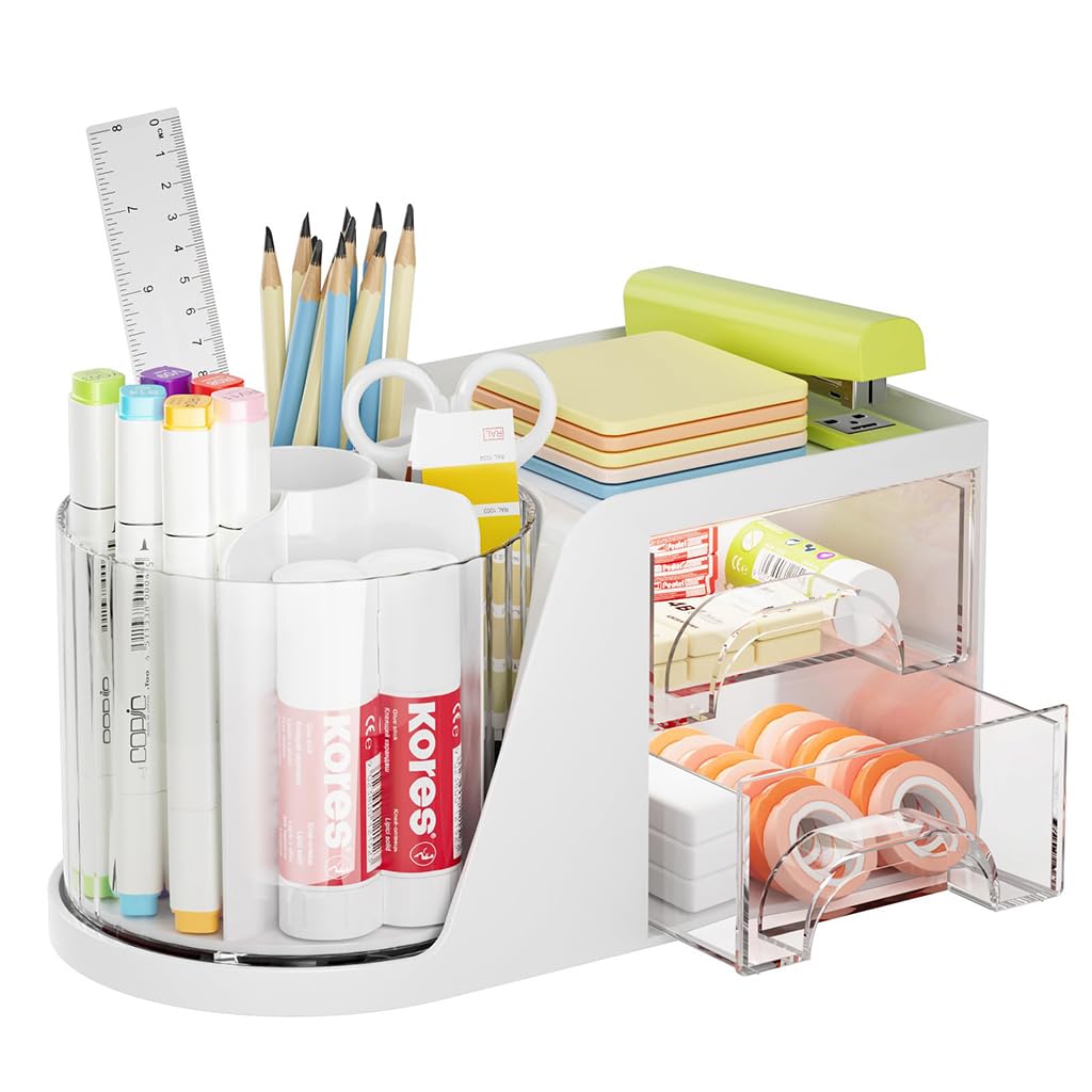 Climberty® Desk Organizer with 2 Drawers, 360°Rotating Pen Holder for Desk, Desk Organizers and Accessories with 6 Slots Pencil Organizer + 2 Drawer, Art Supply Storage Box Caddy for Office (White)