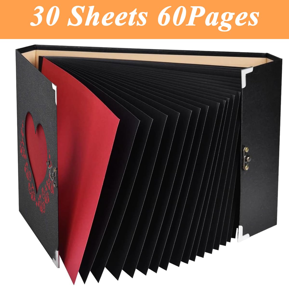 HASTHIP Romantic DIY Scrapbook Album for Weddings and Anniversaries with 30 Black Pages | Heart Shaped Cover Holds 120 7 inch Photos