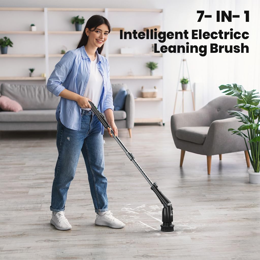 Supvox Electric Spin Scrubber for Bathroom and Floor Cleaning with 8 Heads and 3 Speeds | Adjustable Handle & IPX7 Waterproof Design