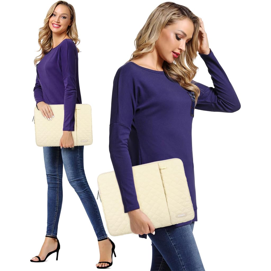 ZORBES Laptop Bag Set for Travel with Dual Zipper Compartment and Waterproof Quilted Design | Beige 13 in Sleeve and SSD Pouch