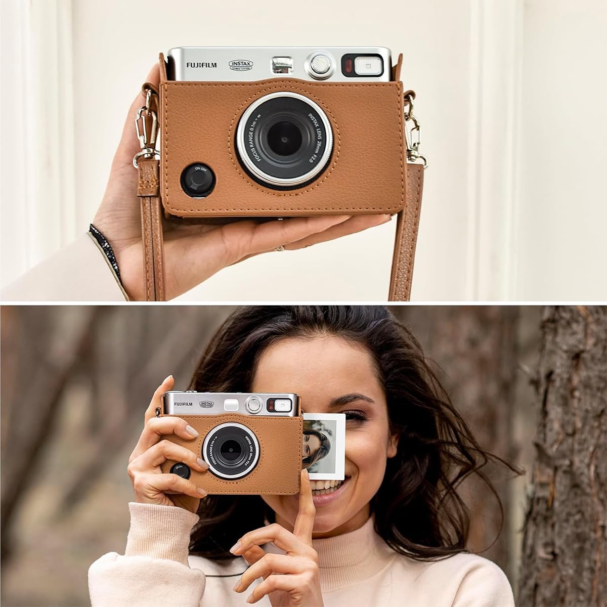 ZORBES PU Case for Fujifilm Mini EVO Camera featuring Precise Fit and Removable Shoulder Belt | Vintage Brown Protective Set of 2