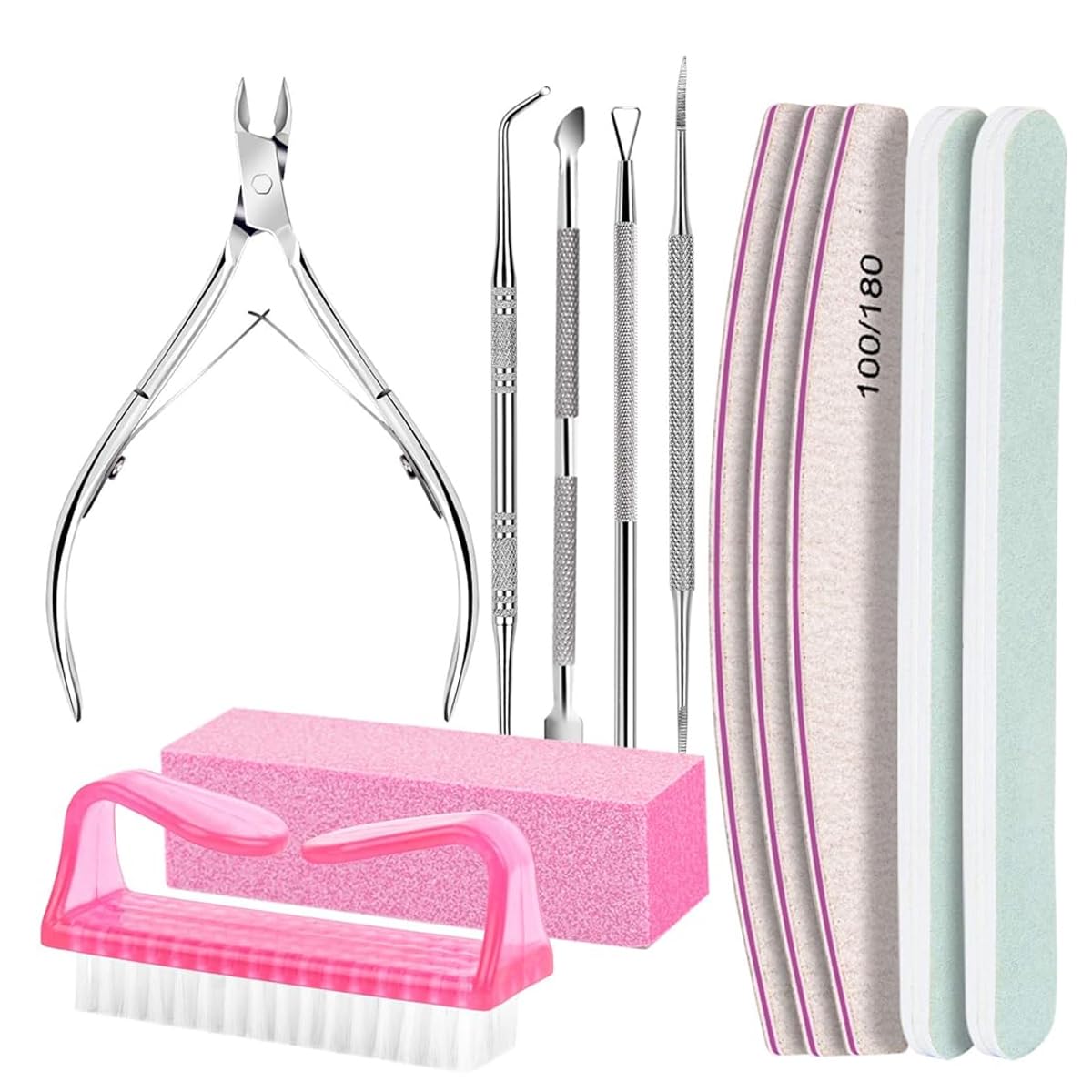 MAYCREATE® Nail Manicure Tool Kit Fingernail Care Tool Kit with Nail Clipper, Cuticle Pusher, Polish Remover Scraper, Nail Files, Nail Buffer Block, Nail Brush