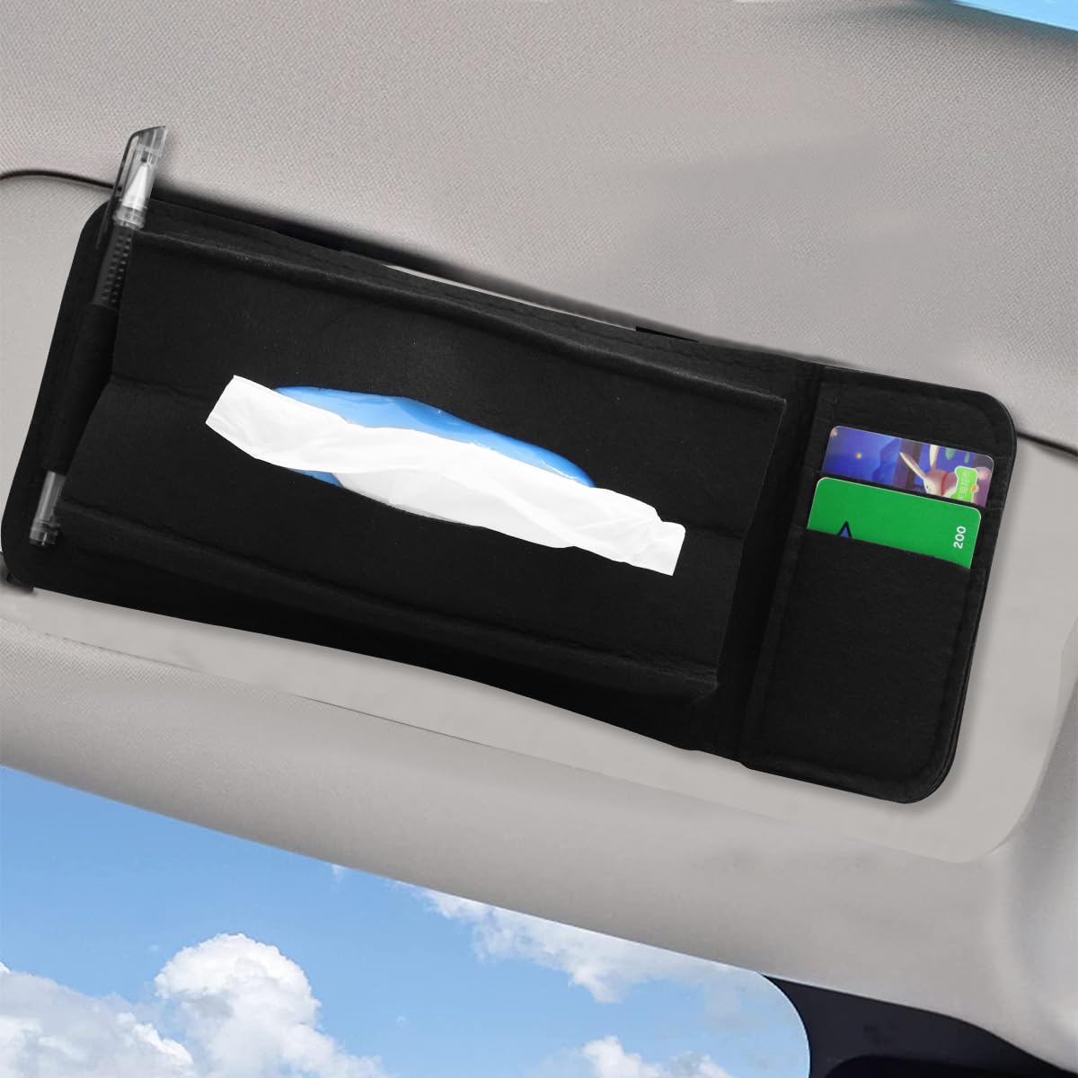 STHIRA® Car Tissue Holder, Sun Visor Organizer Felt Clip Tissue Paper Box for Car, Multi Pockets Tissue Box, Sun Visor Card Holder Universal Tissue Paper Box for Sun Visor Car Accessory Interior