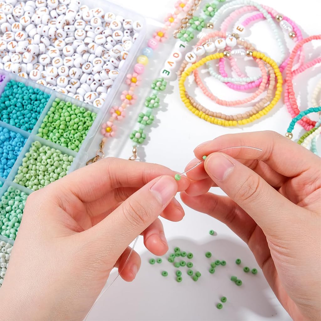 SANNIDHI Seed Beads Set for DIY Bracelet Making with 7200pcs 3mm Glass Beads | 24 Colors and Letter Charms