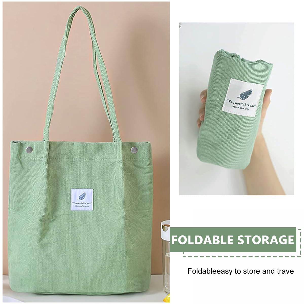 PALAY Tote Bags for Women for School Work and Shopping with Corduroy Material Beige & Green