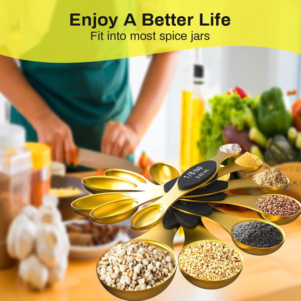 Supvox Magnetic Measuring Spoons Set of 8 for Dry and Liquid Ingredients with Dual Sided Gold Stainless Steel Design