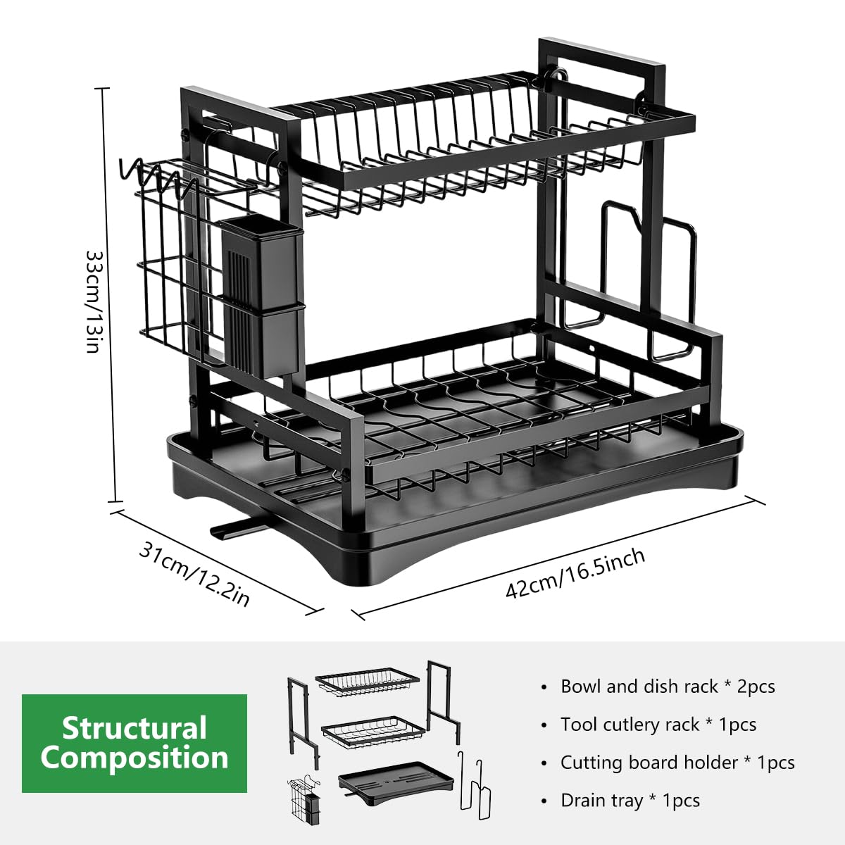 HASTHIP Double Layer Kitchen Dish Rack with Drip Tray and Chopping Board Holder 42x31x33cm