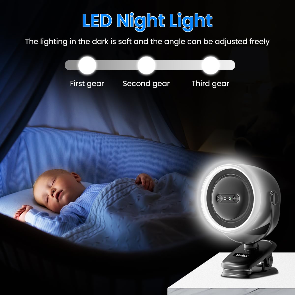 Verilux USB Mini Desk Fan for Home and Office with 7200mAh Battery featuring 360° Rotatable Clip | Night Light and Stepless Airflow Adjustment