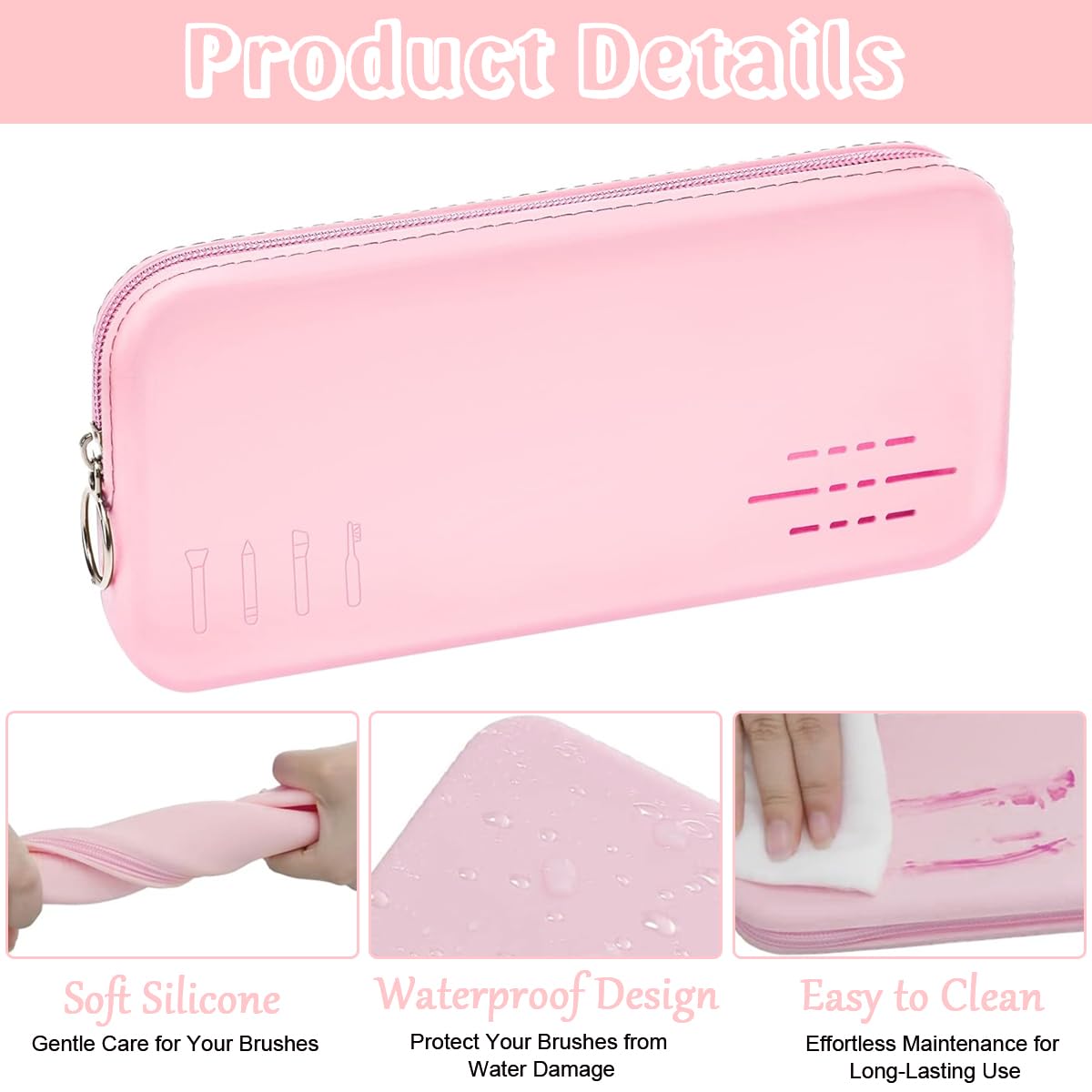 MAYCREATE Makeup Brush Holder for Travel with Zippered Silicone Pouch 8.9x4 in | Pink