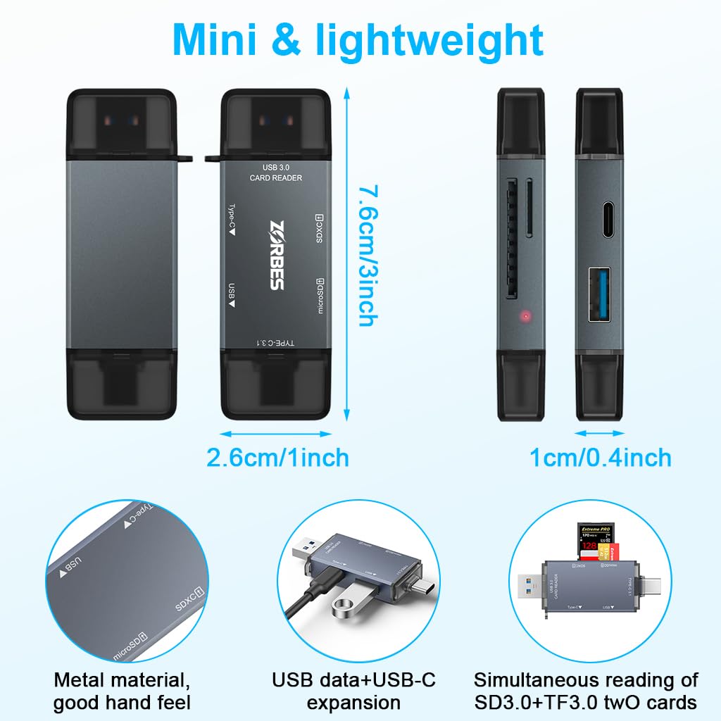 ZORBES Card Reader with USB 3.0 and Dual Type-C & USB Ports for SD and TF Cards | Fast Data Transfer
