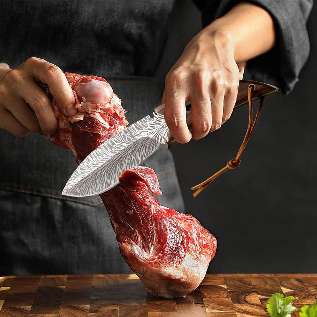 Serplex Kitchen Knife for Meat Cutting with Full Tang High Carbon Steel Blade 7.8 in | Rosewood Handle and Leather Sheath