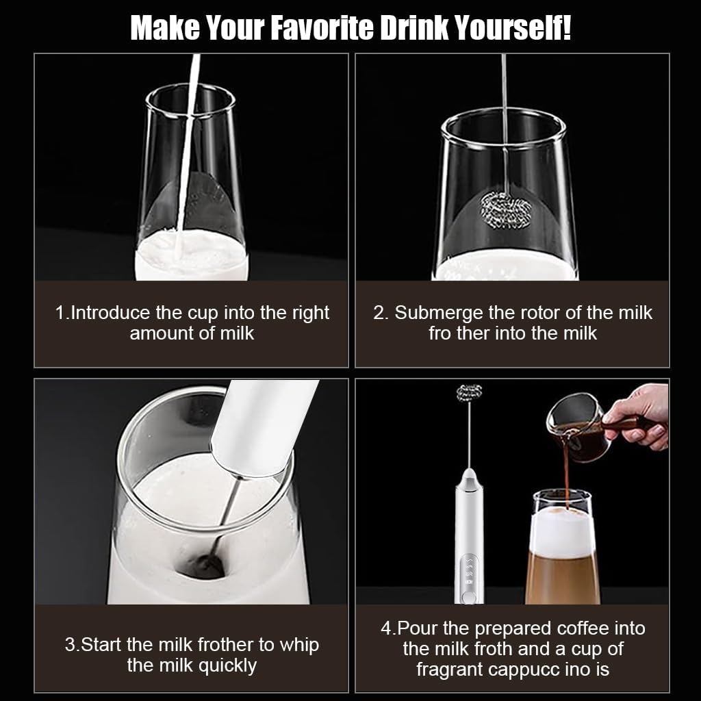 Supvox Hand Blender for Coffee 3 in 1 Frother Coffee Maker with 3 Speed Milk Frother for Coffee Frother Electric USB Rechargeable Coffee Beater with 3 Stainless Whisks Head for Latte Chocolate White