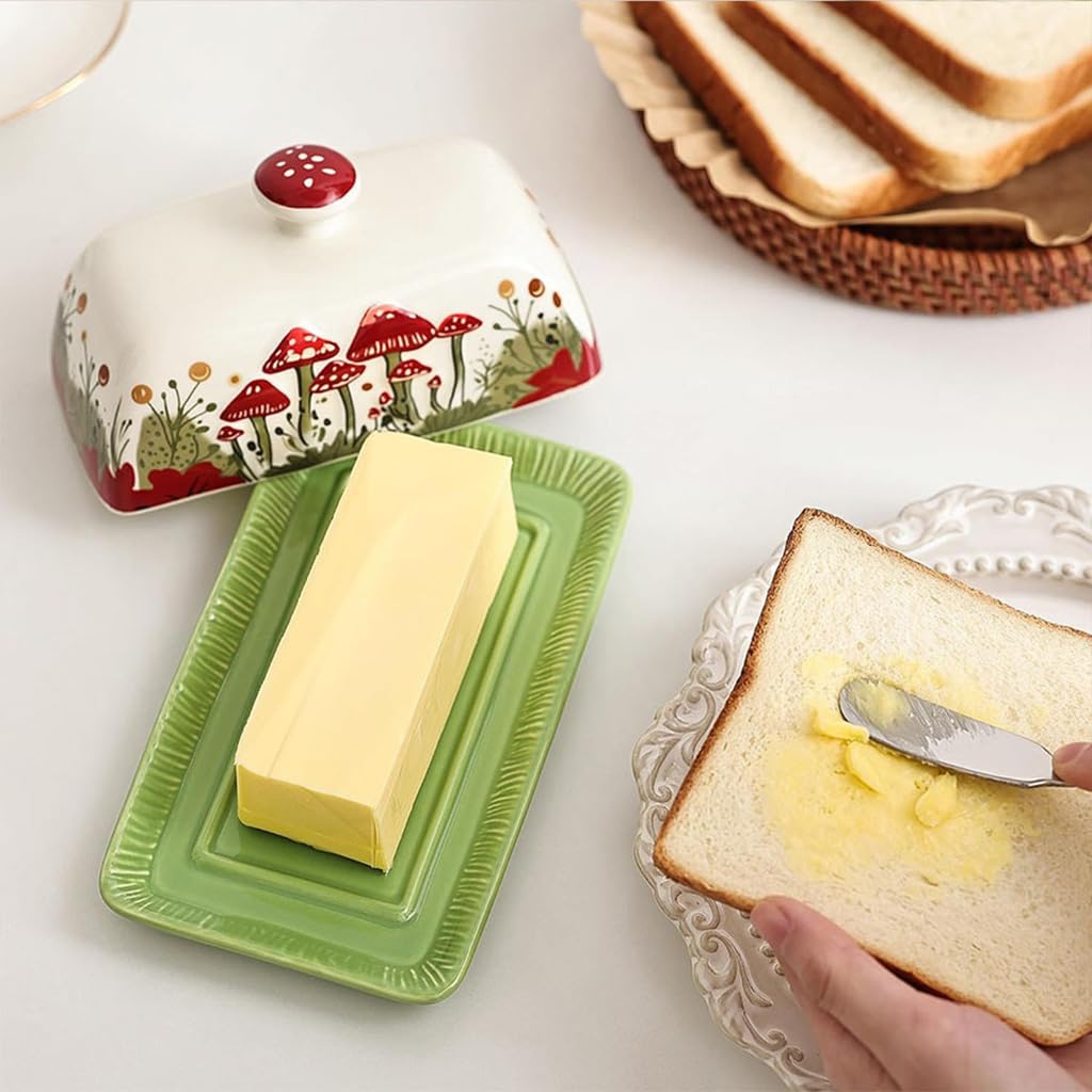 Supvox Ceramic Butter Saver Dish for Storage with Lid and Cartoon Mushroom Print 5.5x2.2 in