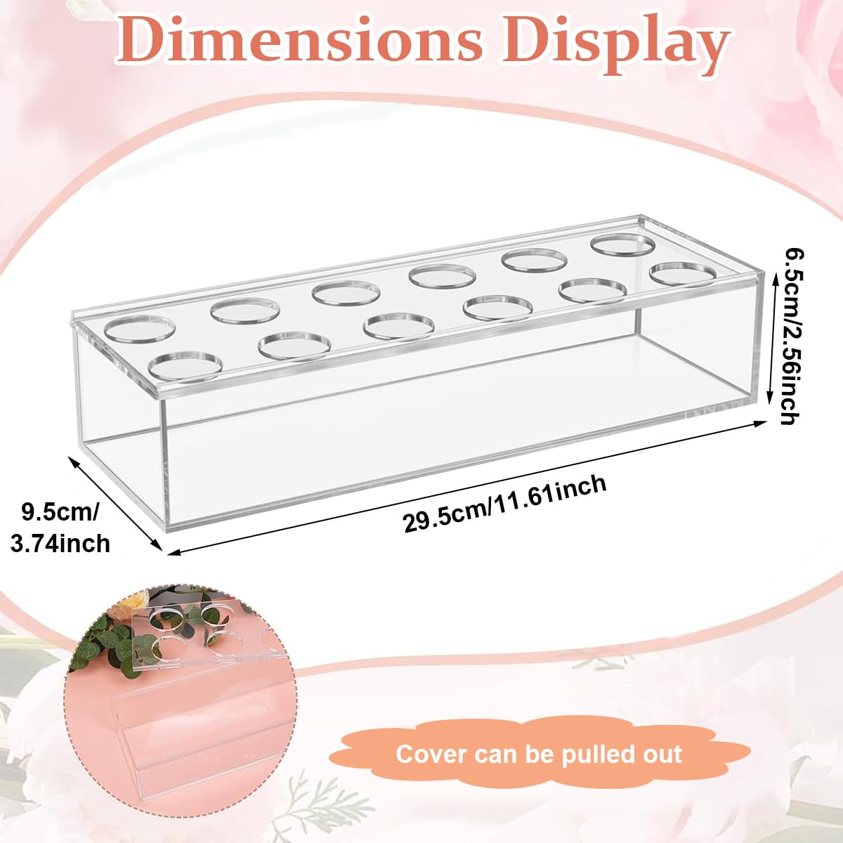 HASTHIP® Acrylic Flower Vase Rectangular, 11.8''/30cm Long Clear Floral Vase with Holes for Flowers, Clear Rectangle Box Tray for Roses Modern Flower Arranger for Wedding Home Dining Table Decor