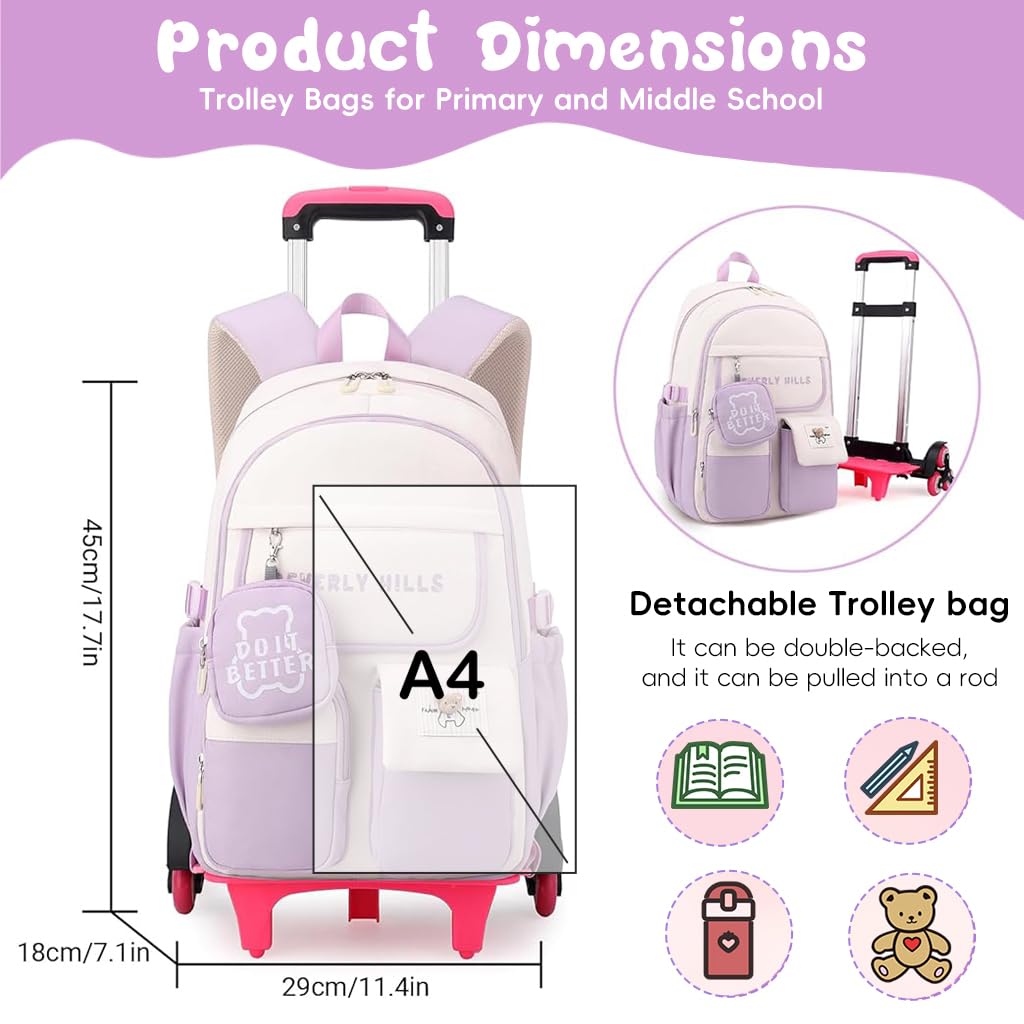 PALAY Trolley School Backpack for Girls with Detachable Wheels and Retractable Handle | Ideal for 6–12 Years Old Students