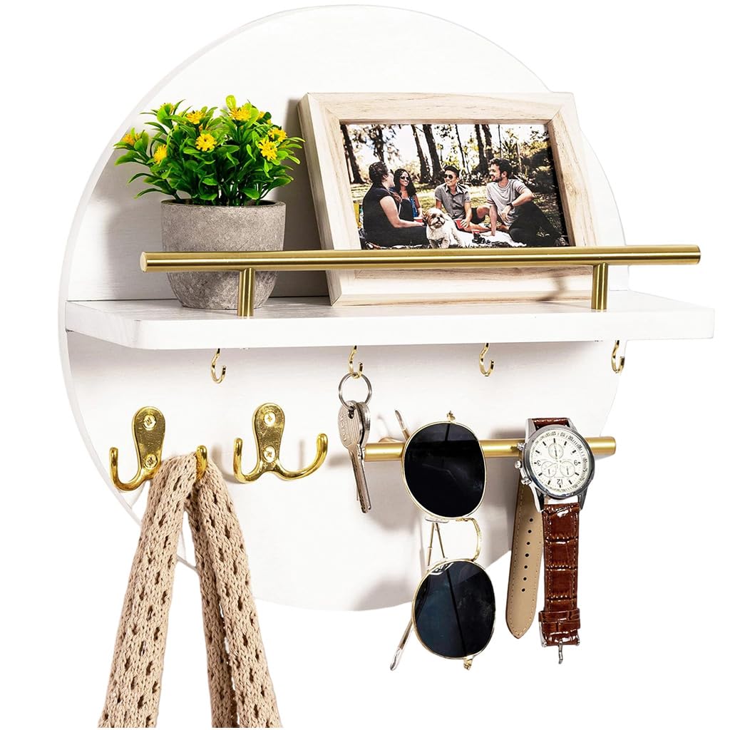 HASTHIP Wall Shelf for Entryway with Key Hook Rack and Sturdy Cross Bar Support | Modern Wooden Round Geometric Design