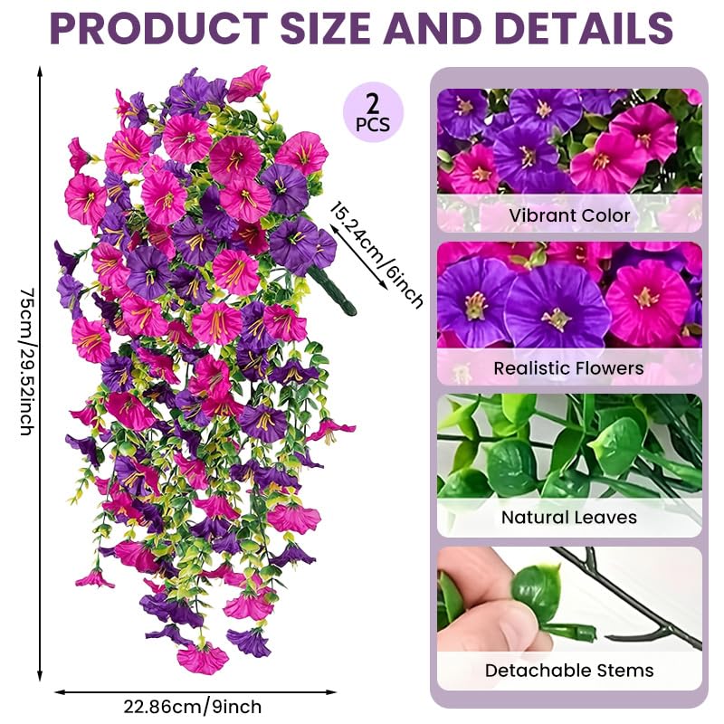 Supvox Artificial Morning Glory Vine for Room and Wedding Decor with Tail Stick | 2Pcs 75cm UV‑Resistant Silk Pink Purple Flowers