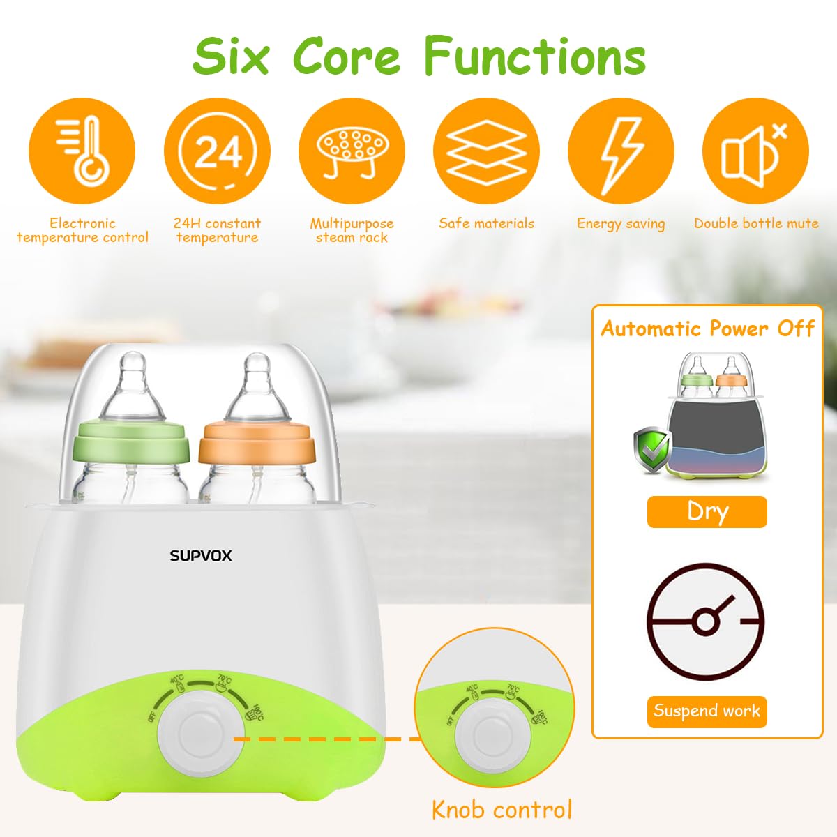 Supvox® Bottle Warmer for Babies Milk Electric 6 in 1 Sterilizer for Feeding Bottles with 8-15 Mins Fast Warming, 24H Keep Warm Food Heating Timer Adjustable Temp Baby Bottle Sterilizer Machine(Green)