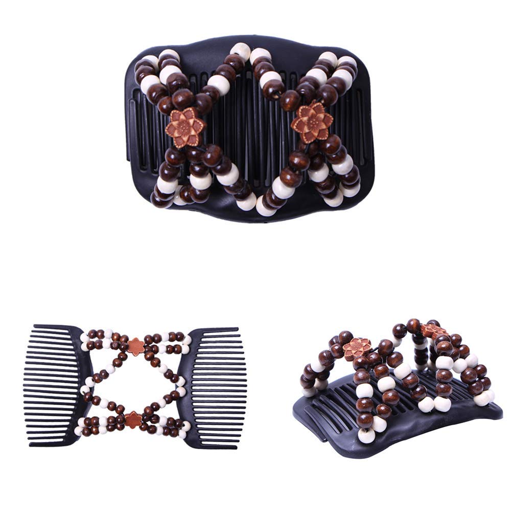 SANNIDHI Magic Hair Comb Clip for Women with Stretch Double Comb Design and Wood Beads | 6 Pcs Bun Maker Hair Accessories