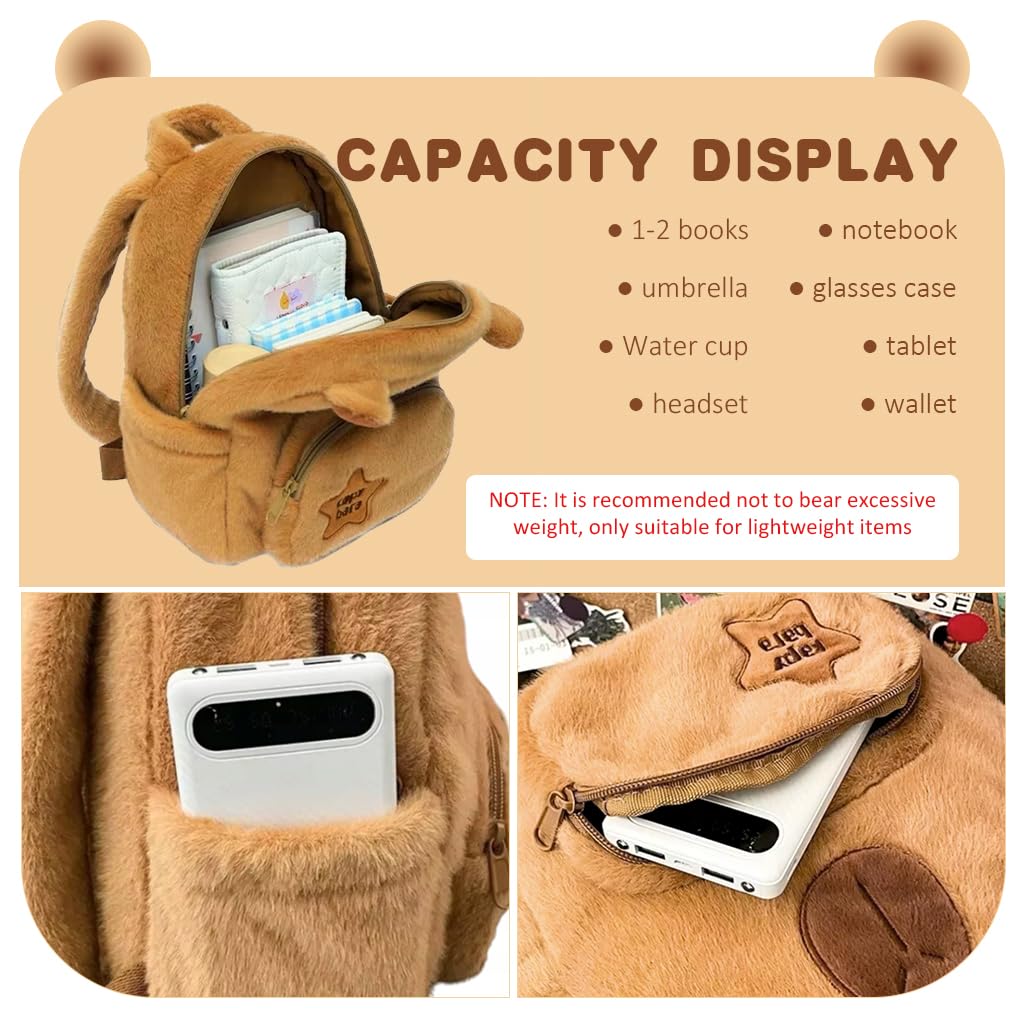 Climberty Cute Capybara Bag for School and Travel with Dual Zipper Pouches | Soft Plush Backpack for Girls