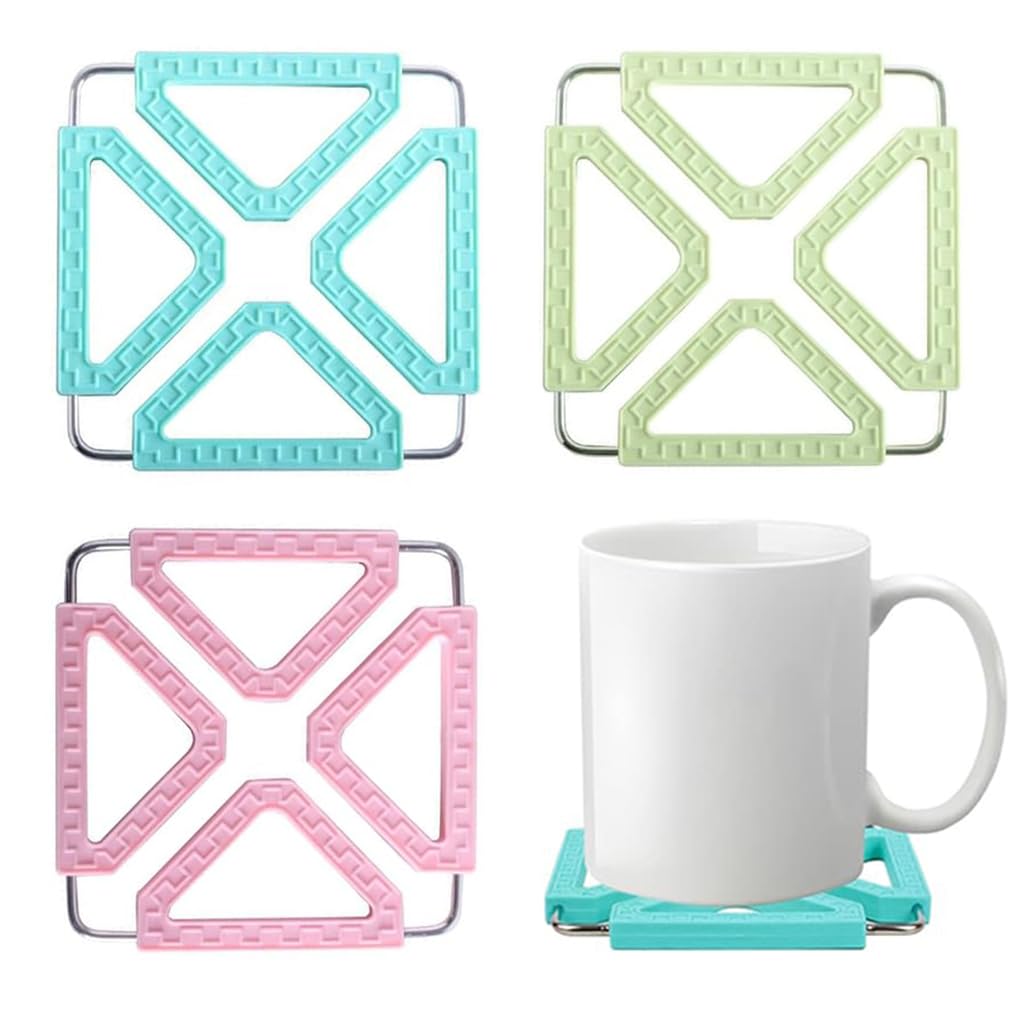 Supvox® 3Pcs Folding Trivet Geometric 4.7 Inches PPR Heat Resistant Trivets for Hot Pot Dining Table Surface Protector Multifunctional Trivet Transformable Table Trivet Phone Holder Kitchen Gadget