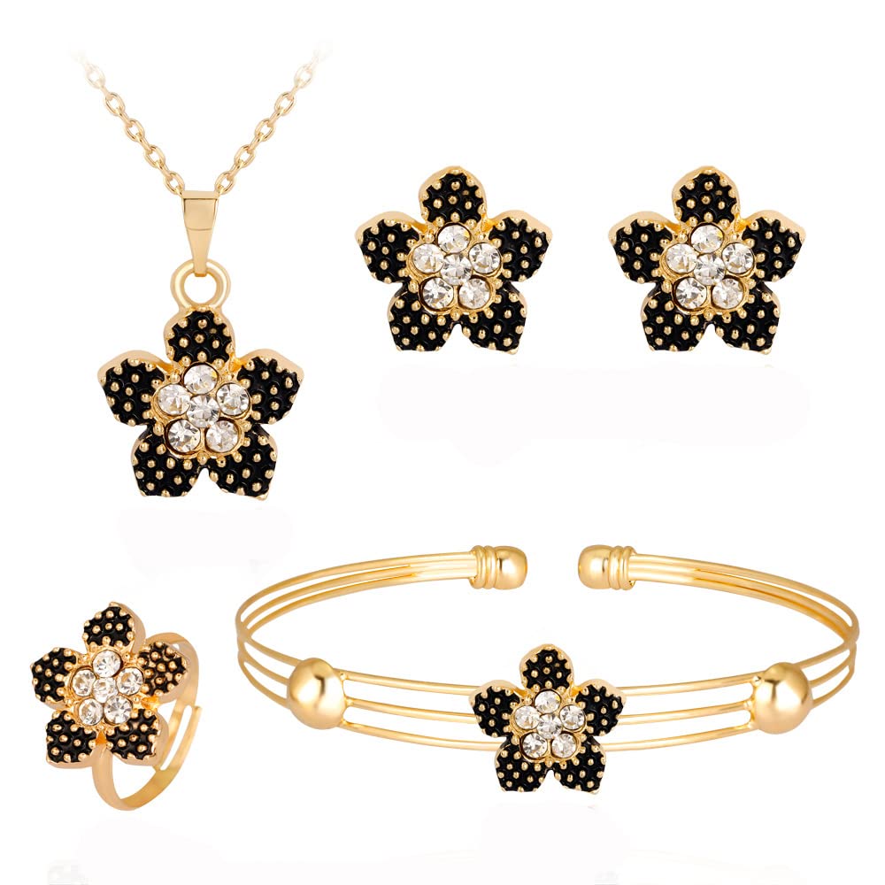 SANNIDHI Choker Necklace Set for Women & Girls Latest Alloy Diamond Rhinestone Floral Pendant with Earring Set, Bracelet, Ring Jewellery Set for Women and Girl Necklace Set for Gifting - 4 Pcs