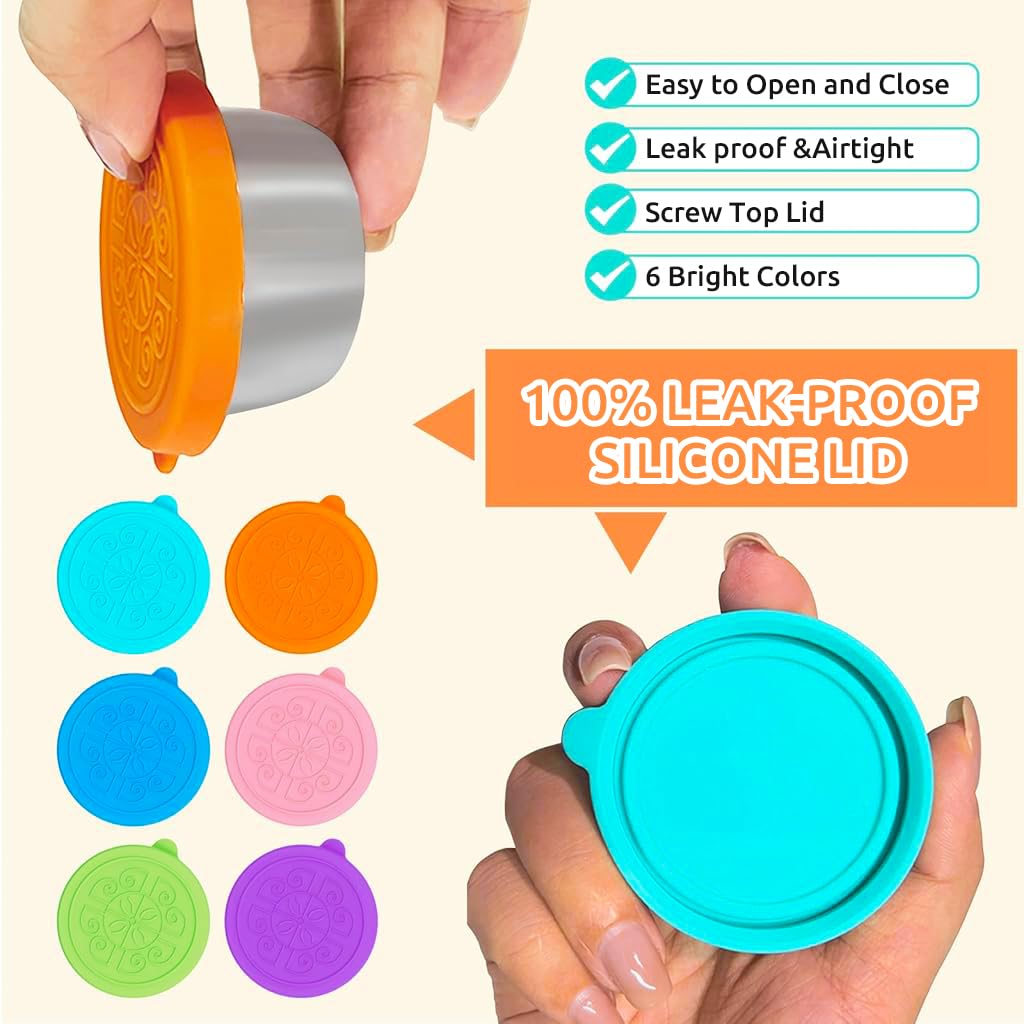 HASTHIP Small Condiment Containers for Salad Dressings featuring Leakproof Silicone Lids and Reusable Stainless Steel Cups 6 Pack 40ml