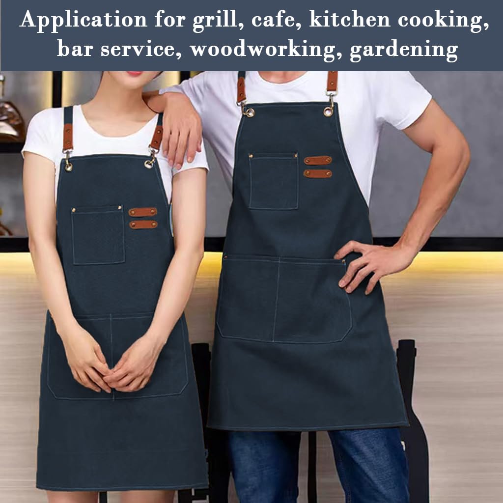 HASTHIP Canvas Work Apron for Kitchen and Workshop with Tie Back and Metal Eyelets | 2PCS Dark Blue