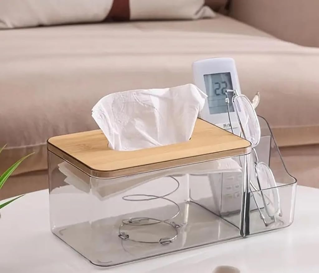 HASTHIP® Tissue Paper Dispenser Box, 2 in 1 Clear Desk Tissue Paper Dipenser Case with Wooden Lid Desk Organizer Remote Holder, 30.5x11.7x9.8cm