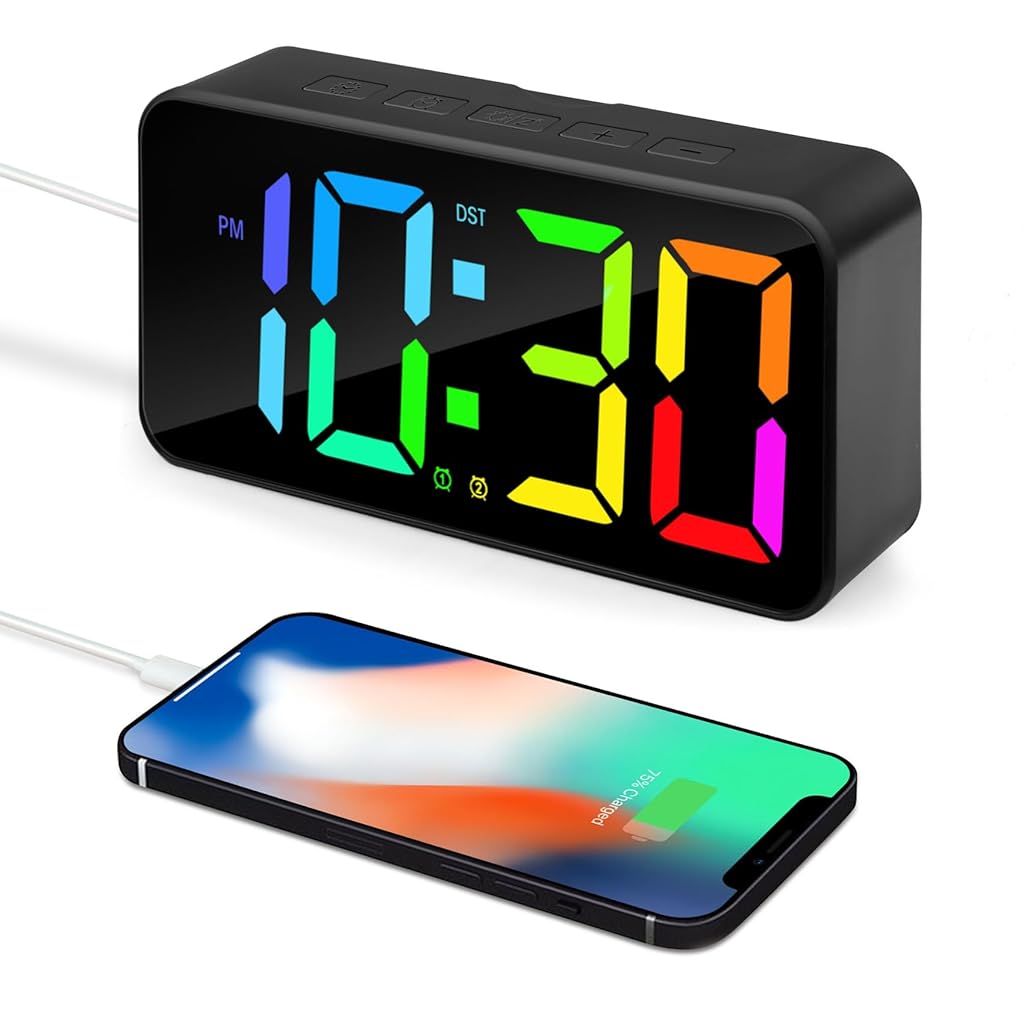 HASTHIP LED Digital Alarm Clock RGB Color Screen Digital Alarm Clock Sound Activated USB Rechargeable Alarm Clock with Memory Function & Support Phone Charging, Fashion Folding LED Desk Alarm Clock